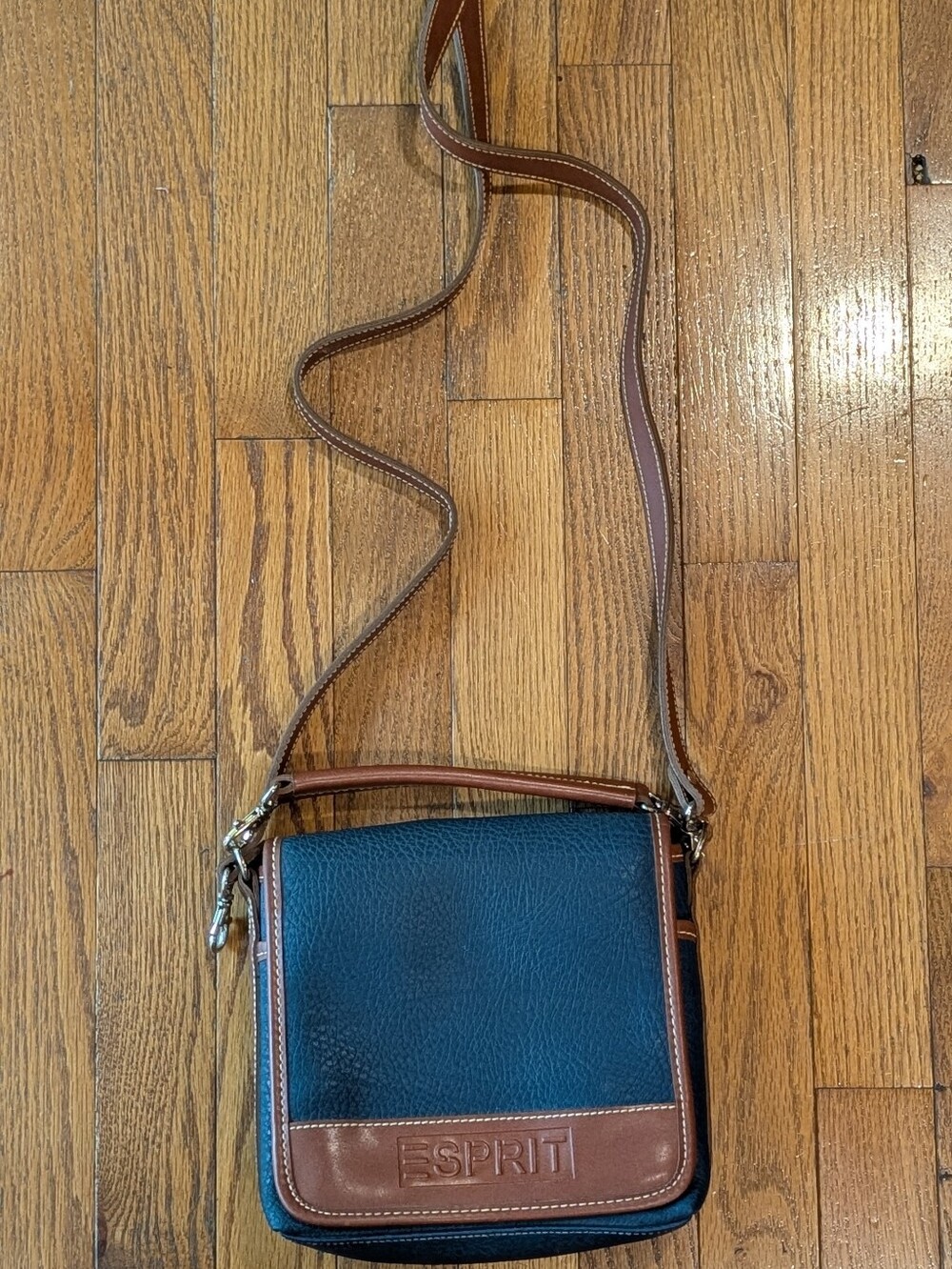 Vintage Navy Blue And Brown Pebble Esprit  Crossbody Bag